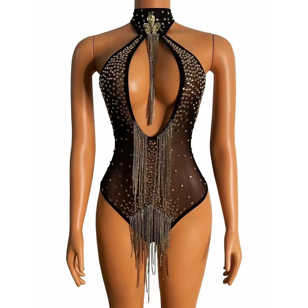 

Sparkly Rhinestones Chains Bodysuit Women Sexy Hollow Mesh See Through Nightclub Outfit Performance Dance Costume Dancer Wear