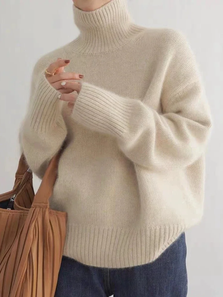 Fashion Korea New Cashmere Sweater Women's 100% Pure Wool High Lapel Pullover 2023 Autumn Winter Casual Loose Thick Knitted Top