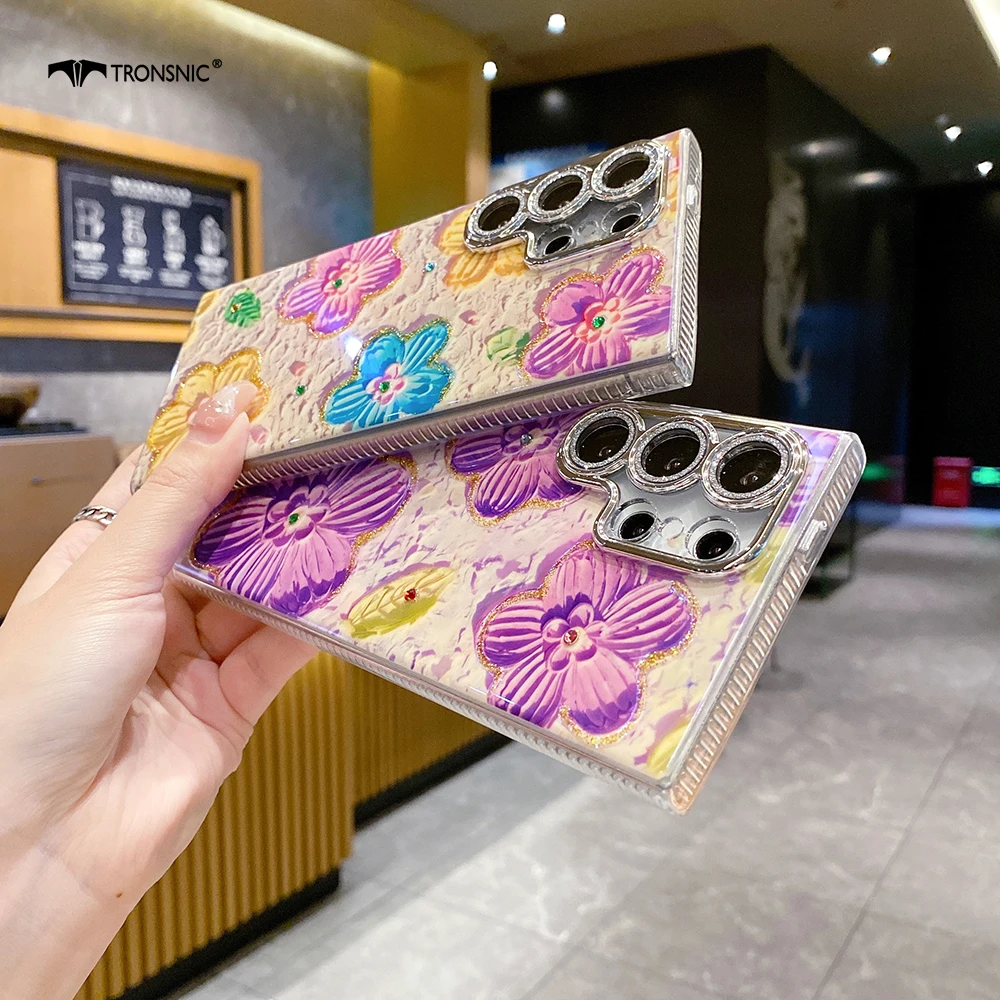 Flower Luxury Phone Case for Samsung Galaxy S24 S23 S22 S21 Ultra Plus Soft Glossy Silicone Blue Pink Floral Purple Cover Sliver