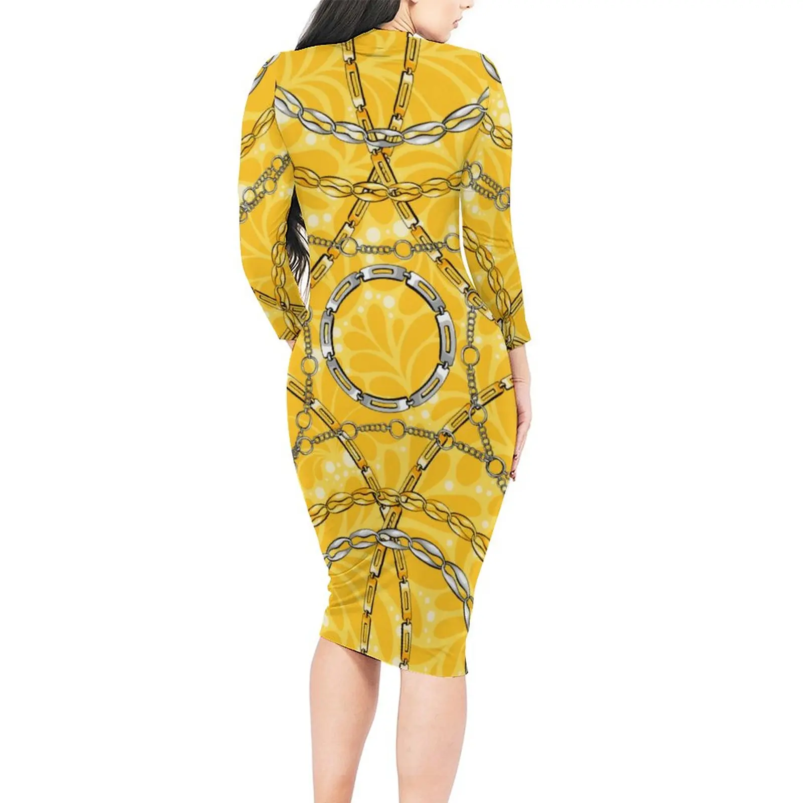 Elegant Chain Print Dress Long Sleeve Yellow Floral Street Wear Dresses Autumn Bodycon Dress Female Graphic Oversized Clothes