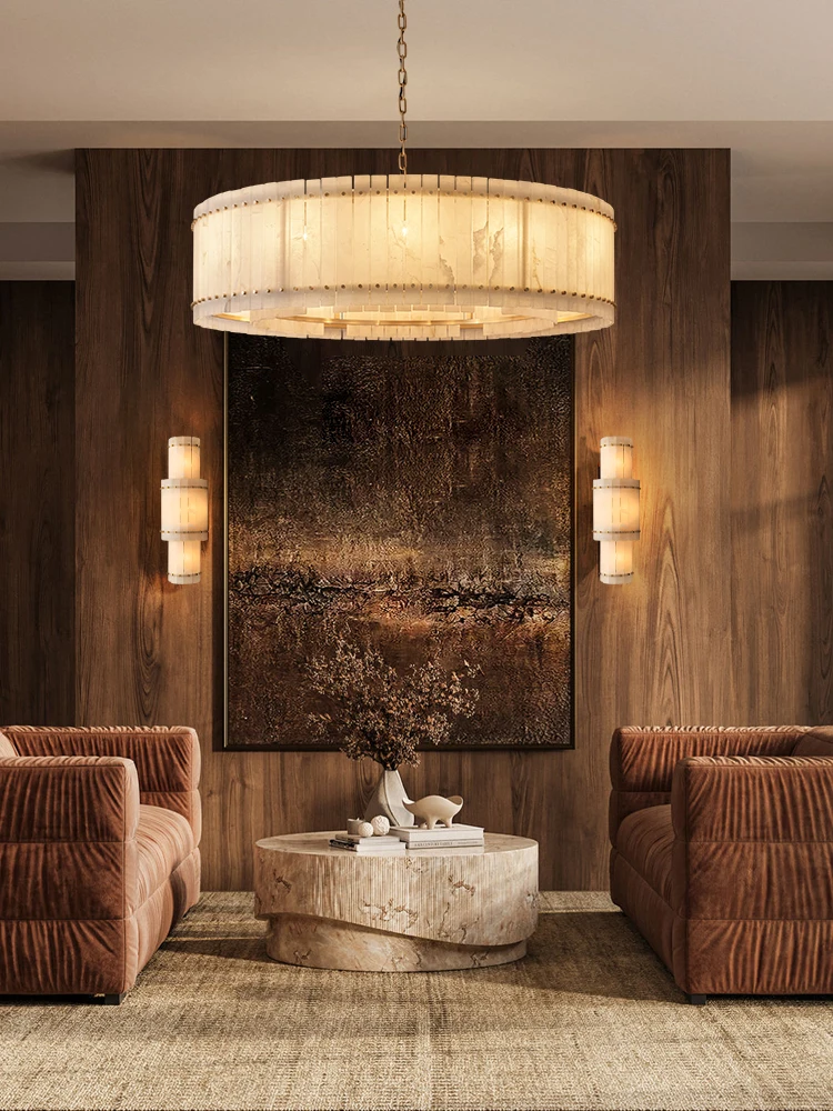 

Upgrade Your Home With Our Exquisite American LED Round Alabaster Chandelier Crafted From Natural Marble Stone Dimming Function