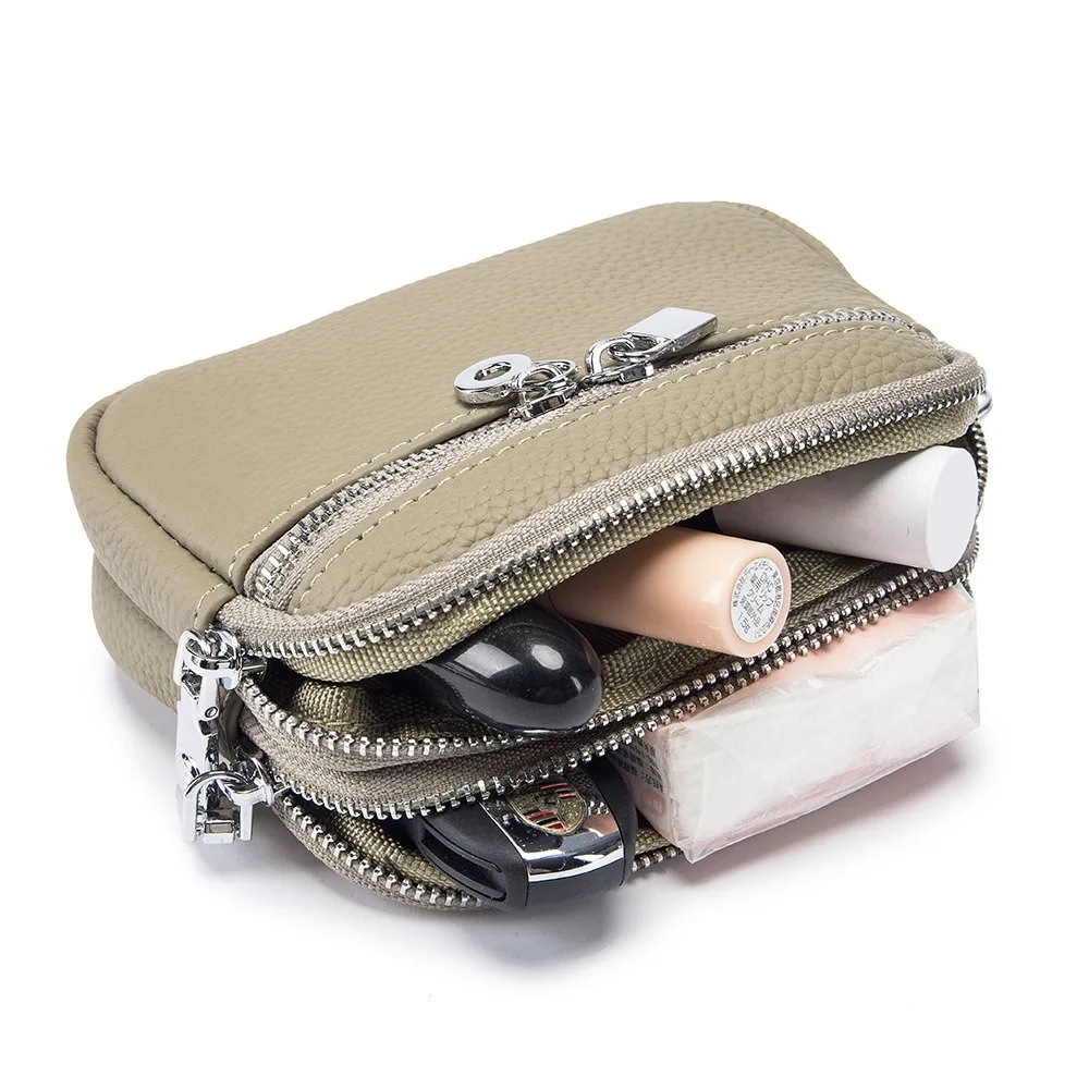 Genuine Leather Double Zipper Wallets Bag Card Hoder Lipstick Case Mini Earphone Coin Purse Key Pouch For Women Girl Handbag