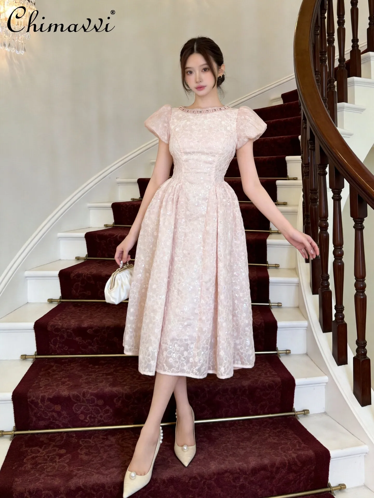 

2026 Summer French Elegant Temperament Beaded Sequins Round Neck Puff Sleeves High Waist A-line Pink Long Evening Dress Women