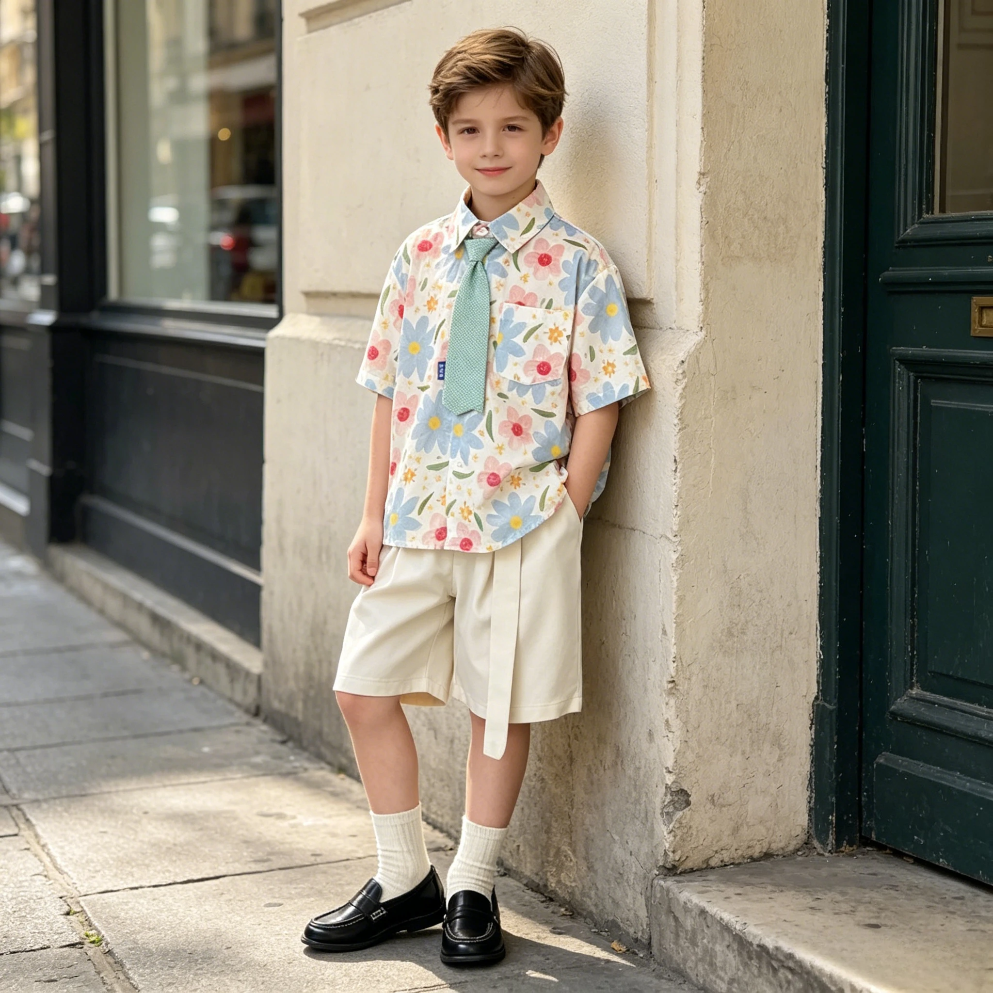 

Boys Watercolor Floral Print Shirt Shorts Set with Tie Loose Gentleman Outfits for Kids School Events Birthday Weekend Outings