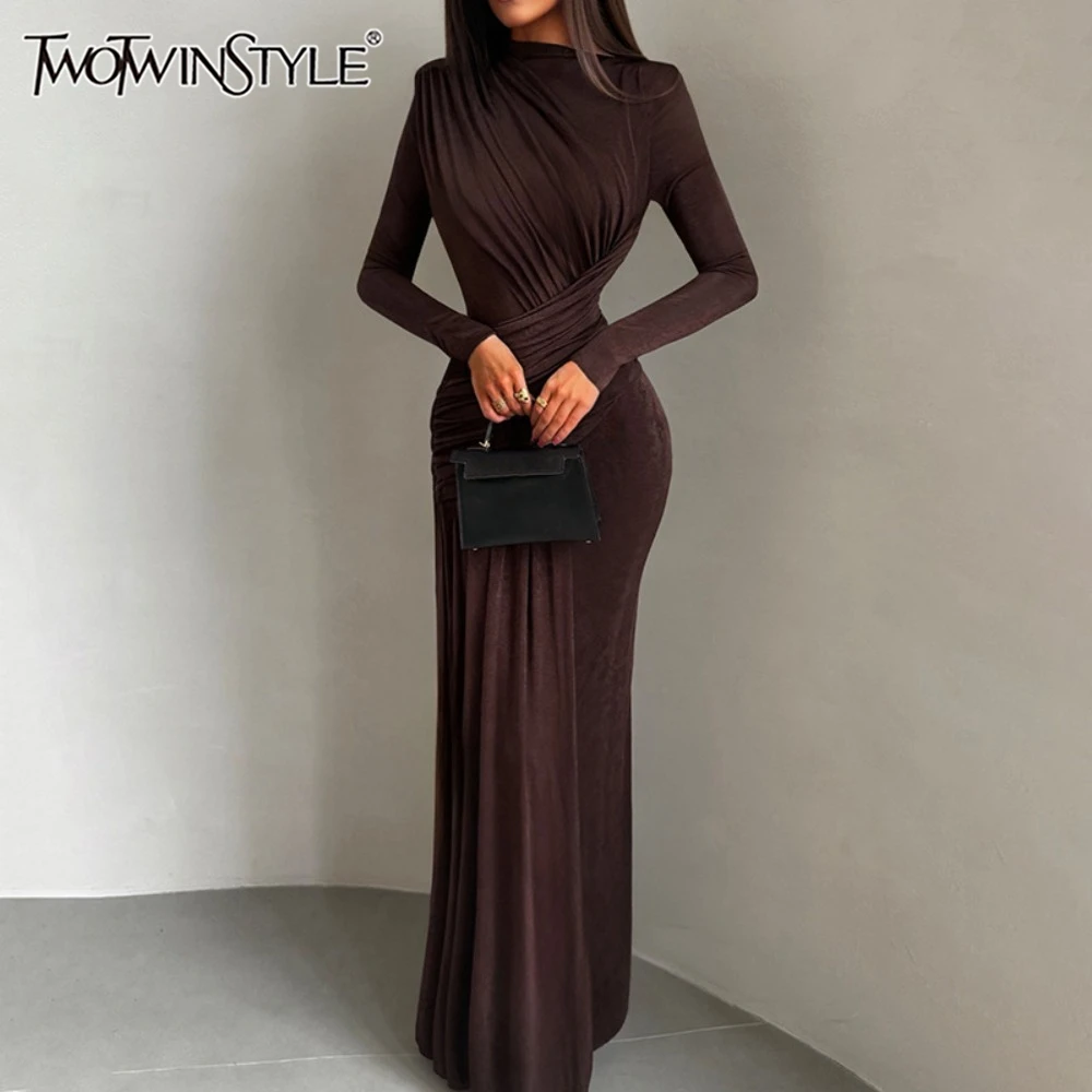 

TWOTWINSTYLE сексуальное вечернее однотонное платье для женщин с нерегулярным вырезом и длинными рукавами плиссированная туника облегающее темпераментное платье макси женские