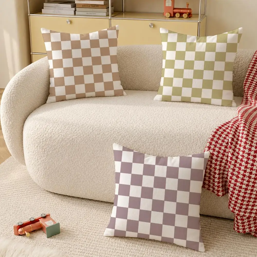 Artistic Chessboard Style Printed Cushion Cover Anti-dustmite Pillowcase Invisible zipper silky short plush Sofa cushion cover