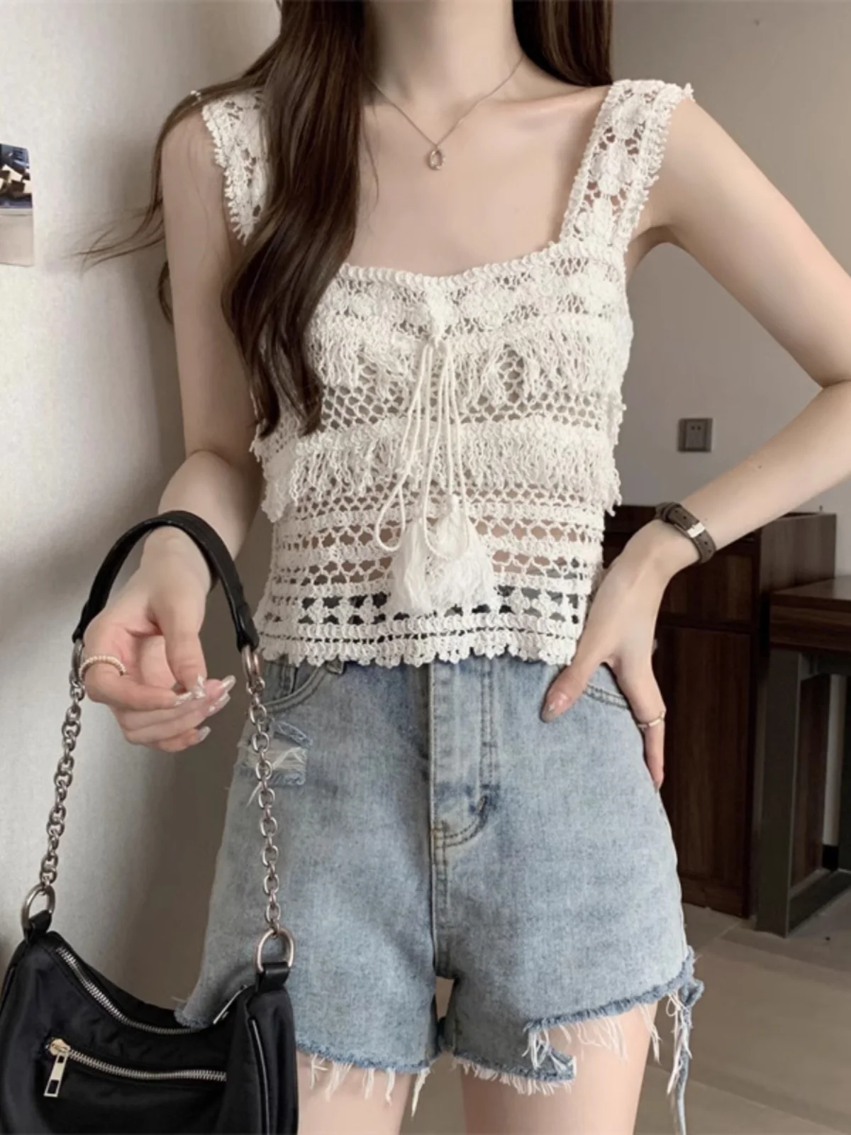 

Шикарный жилет ort Svel, женский летний ажурный жилет с цветочной кисточкой, уникальный дизайн, верхняя одежда, корейский облегающий топ