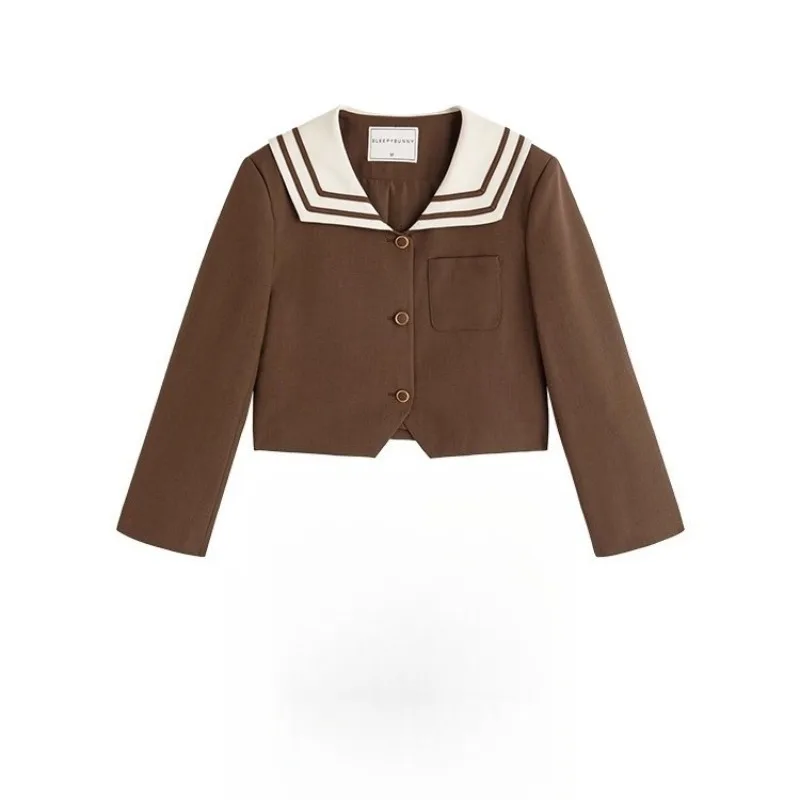 Elegant Brown Blazer Jacket Vintage School Style Outerwear High Waist Slim Fit Cropped Coat Women Autumn Winter Casual Fashion