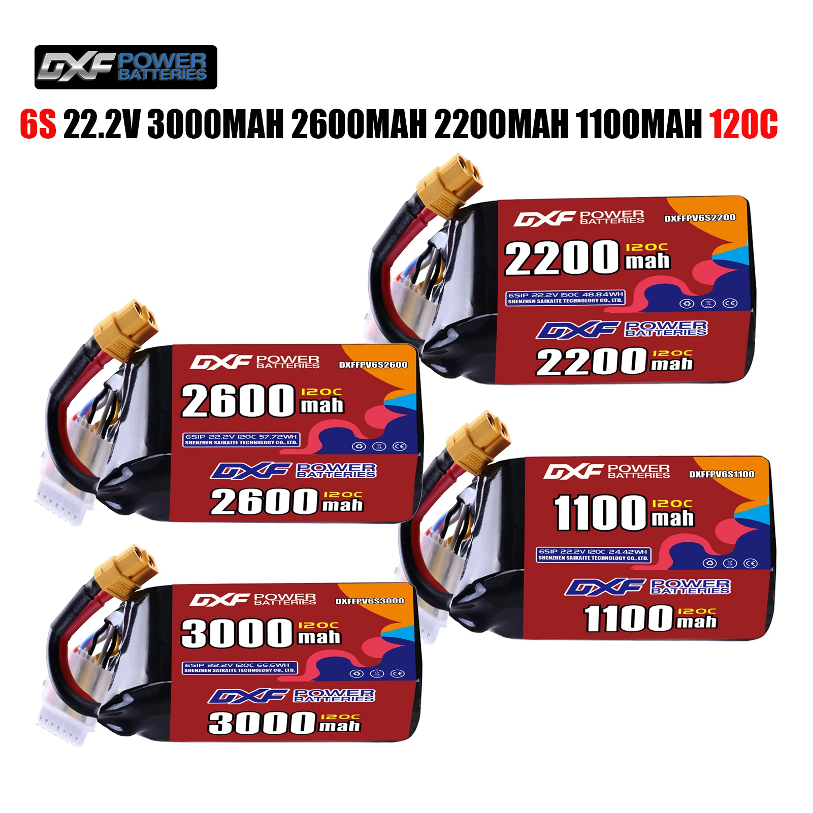 DXF Lipo 6S batterie 22.2V 2600mAh 3000mAh 2200mAh 1100mAh 120C avec prise XT30 XT60 JST pour hélicoptère FPV quadrirotor Drone
