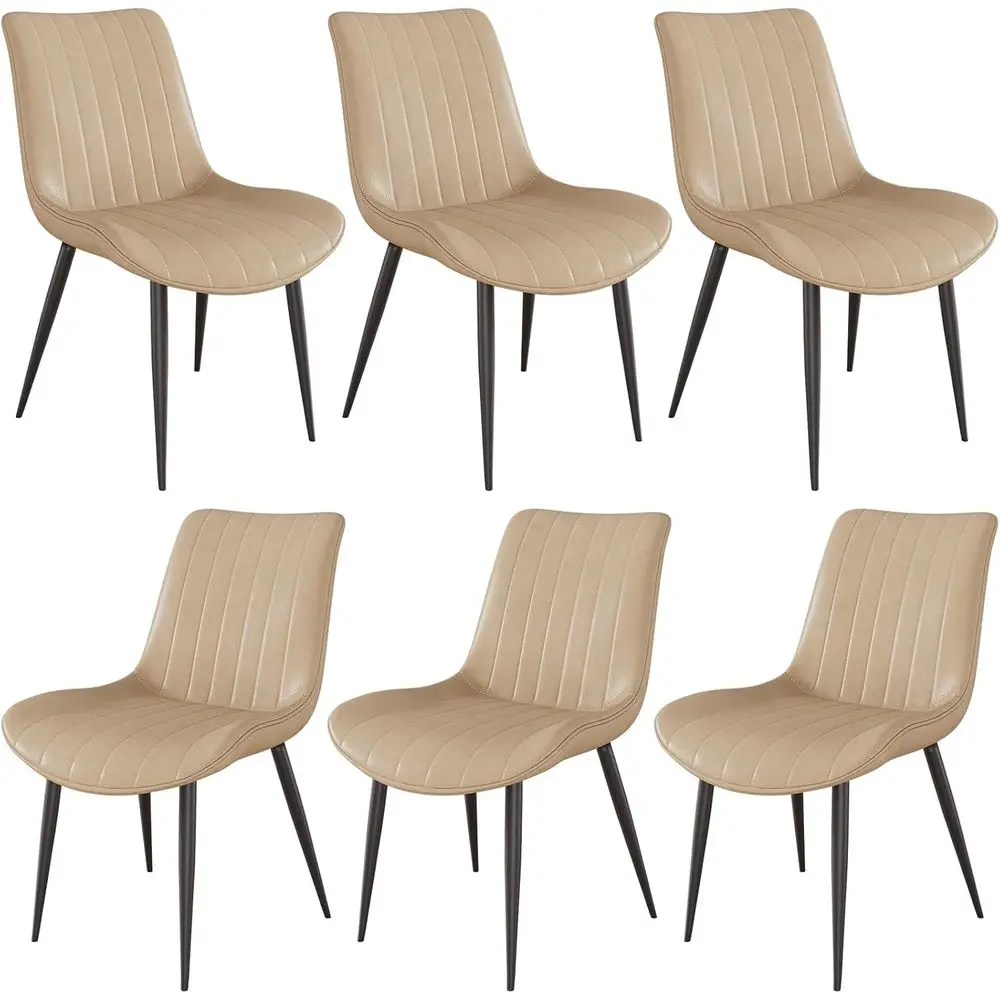 Set of 6 Leather Upholstered Dining Chairs with Metal Legs, Comfortable for Kitchen & Living Spaces, Khaki