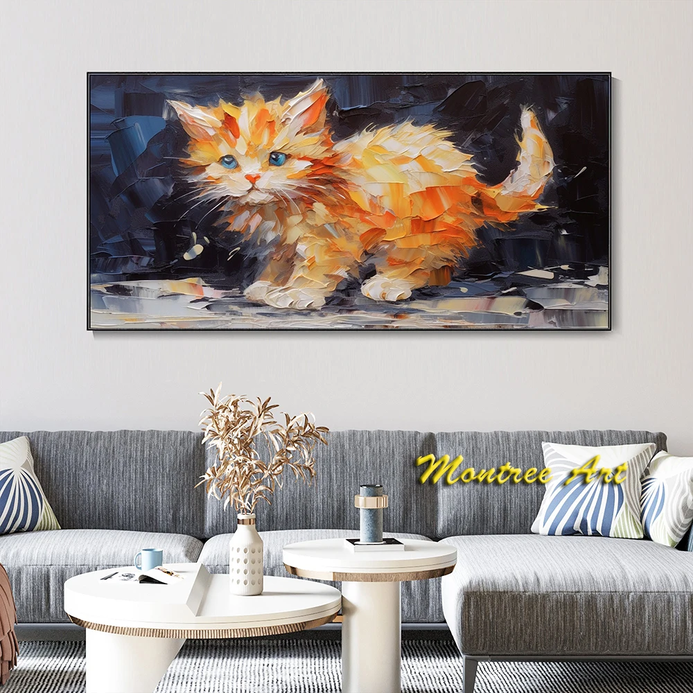 Hand Painted Oil Painting Original Orange Cat Oil Painting Modern Knife Painting Hand Drawn Animal Wall Art Decorative Painting