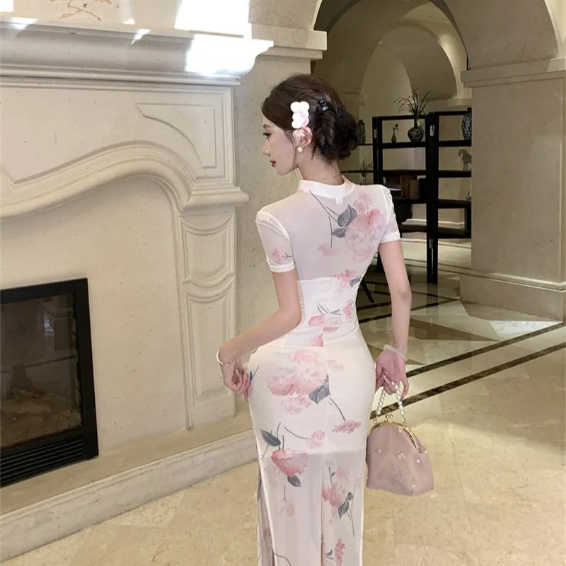 セクシーなヴィンテージ風改良旗袍ドレス、スリット入り、ミドル丈、中国風、中秋・冬の新作、レディースファッションドレス