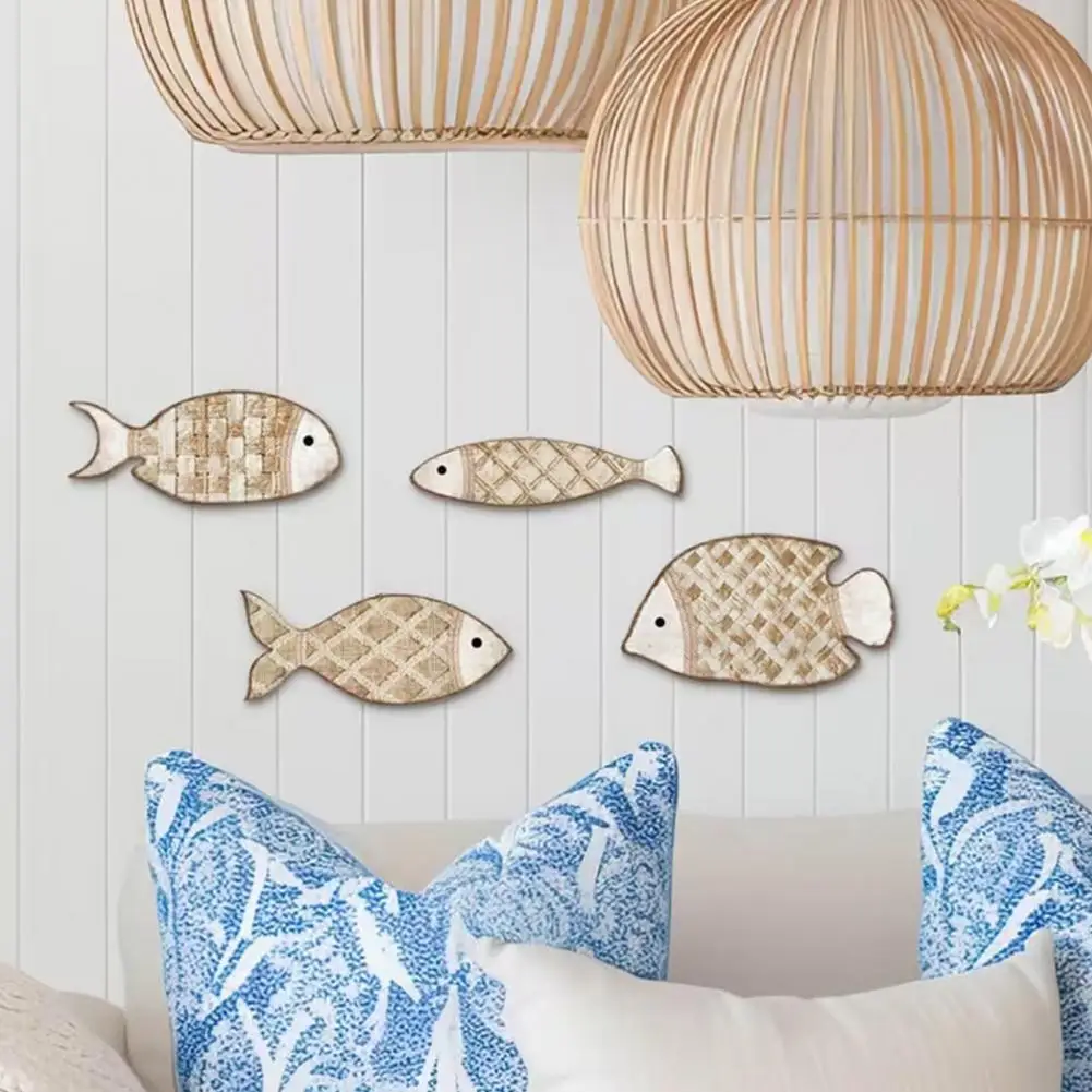 Woven Wall Decoration Fish Shaped Wall Art 4pcs Woven Fish Wall Decor Set Handcrafted Coastal Boho Art Pieces Textured for Room