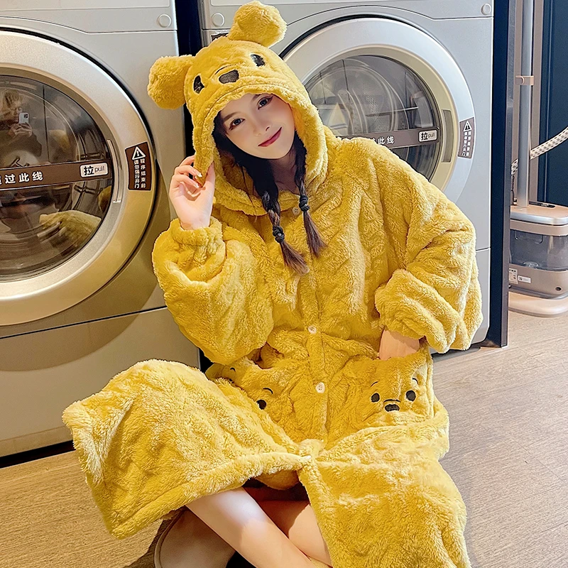 Flannel pajamas for women winter new sweet and lovely cartoon long sleeve robe and pants home wear two pieces