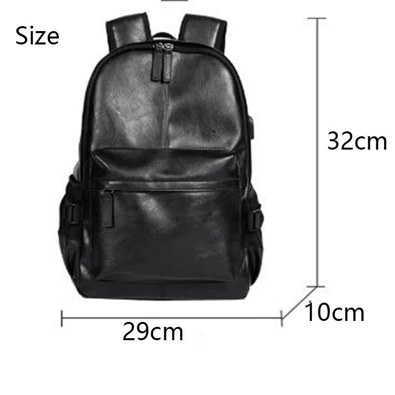 Mochila escolar de couro PU masculina com porta USB, saco do ensino médio, sacos do portátil, moda