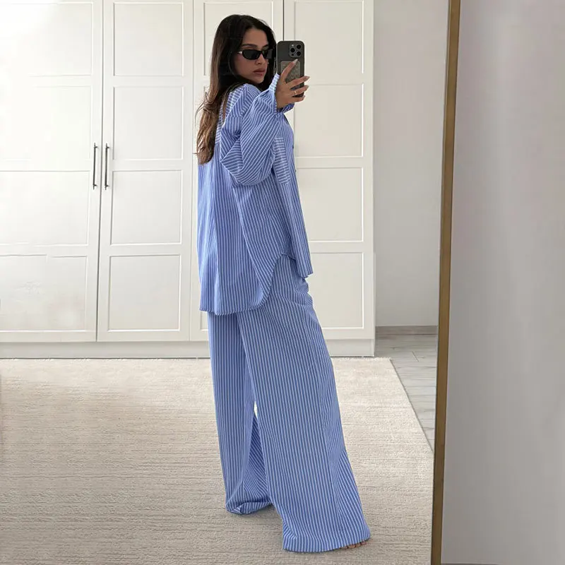 Dsmtrc feminino casual listra azul solto ternos botões camisa + calça com cordão 2025 nova moda verão feriados simples conjuntos elegantes