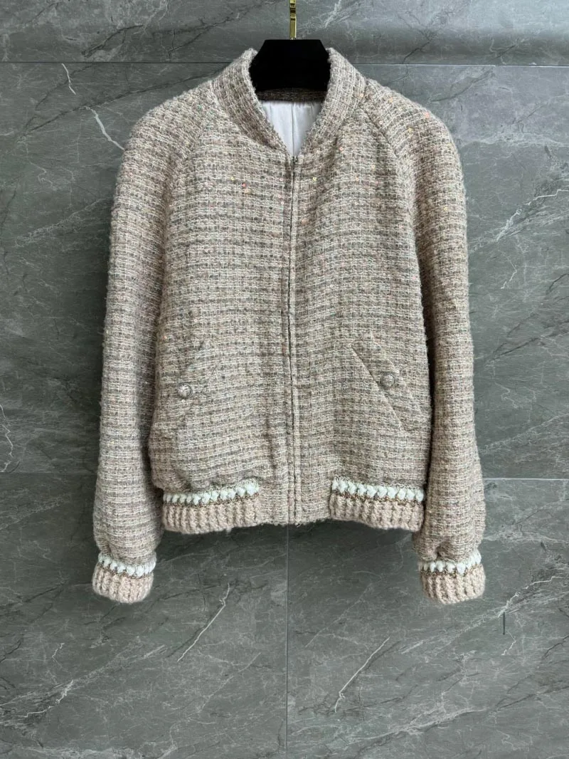 2024 New Fashion Luxury Pink Casual Tweed Jacket For Women High Quality Elegant Buttons Zipper-Up Woven Coat Office Lady