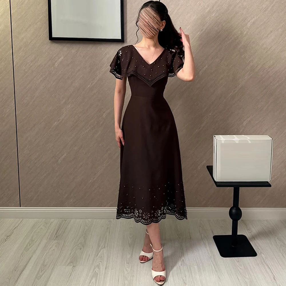 

Graceful Jersey Short Sleeves Evening Dress Classic Beading Customized Party Dresses Fashion Zipper Back Special Occasion Gowns