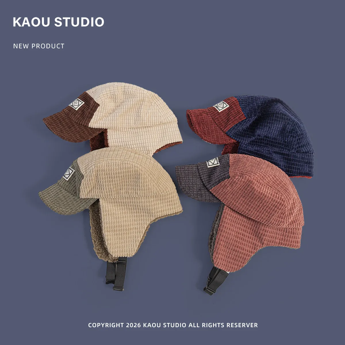 Korean Waffle Corduroy Vintage Trapper Hat Unisex Winter Warm Earflap Aviator Hat 5-Panel Outdoor Cold Proof Ski Bomber Cap