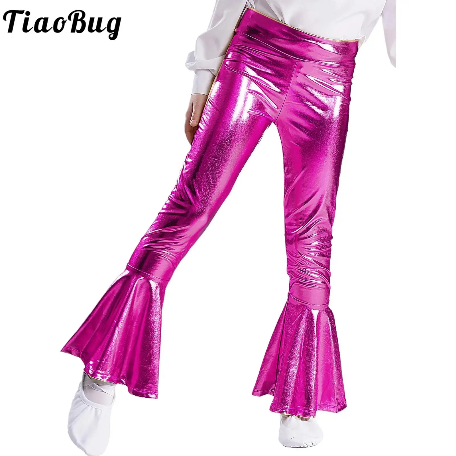 

Kids Girls Shiny Metallic Flared Trousers Pants High Waist Ruffle Wide Leg Pants Retro 70s Disco Hippie Bell-Bottom Leggings