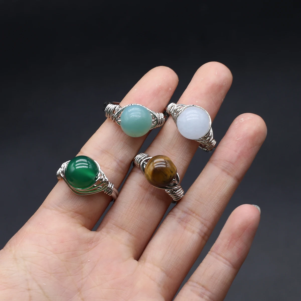 2/5pcs Round Natural Stone Crystal Agate Ring for Women Stainless Steel Gold Color Adjustable Open End Ring Jewelry Accessories