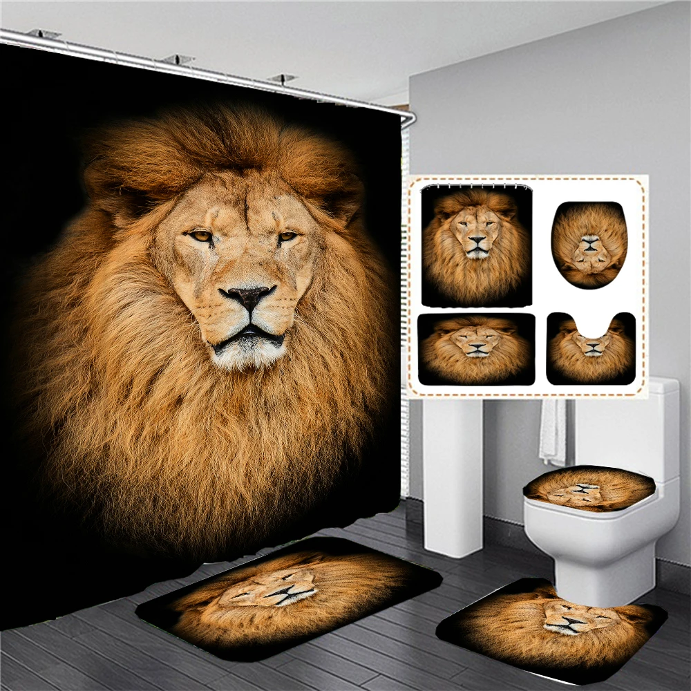 Animal Print Black Shower Curtains Lion Tiger 3D Bathroom Curtain Set Anti-slip Bath Mat Soft Toilet Lid Cover Home Rugs Carpets