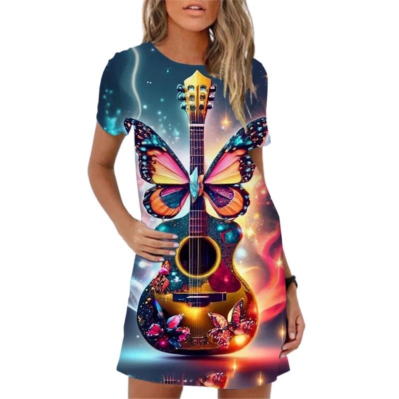 

Fashion Instrumental Guitar Print Women Dress Elegant Short Sleeve Loose A-Line Dress Sweet Casual New 2024 Summer Dresses Femal