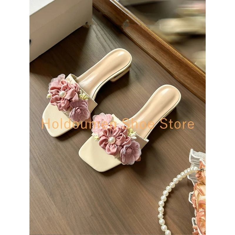 رائعة العديد من الأنماط زهرة ديكور النعال الأنيقة الصيف اللمحة تو كعب مربع مسطح شبشب على الموضة منتجع نمط النعال غير رسمي #6