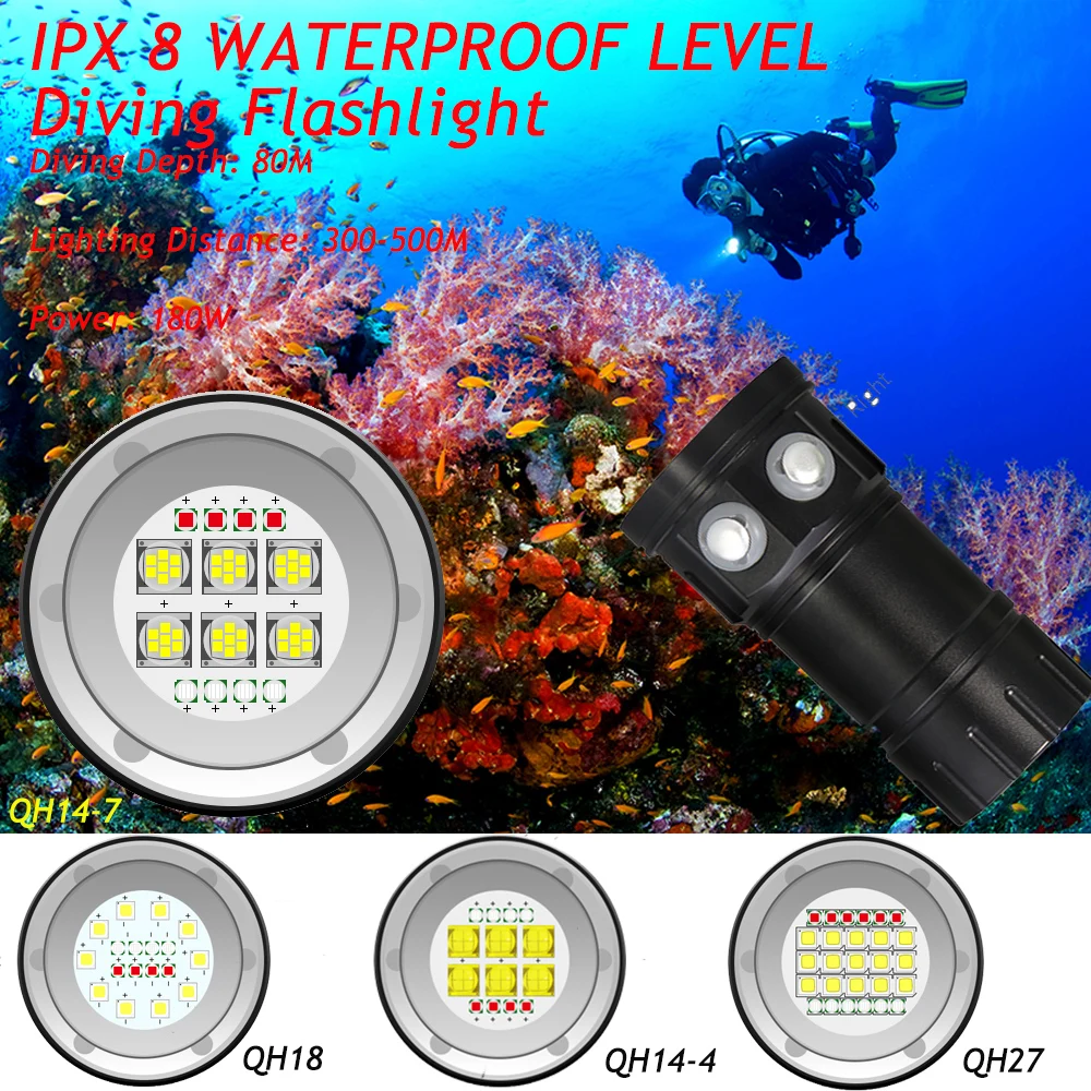 

IPX8 Deep Waterproof Scuba Diving Flashlight LED 500W XHP90 Photography Video Light Tactical Torch Underwater 300m Dive Lamp