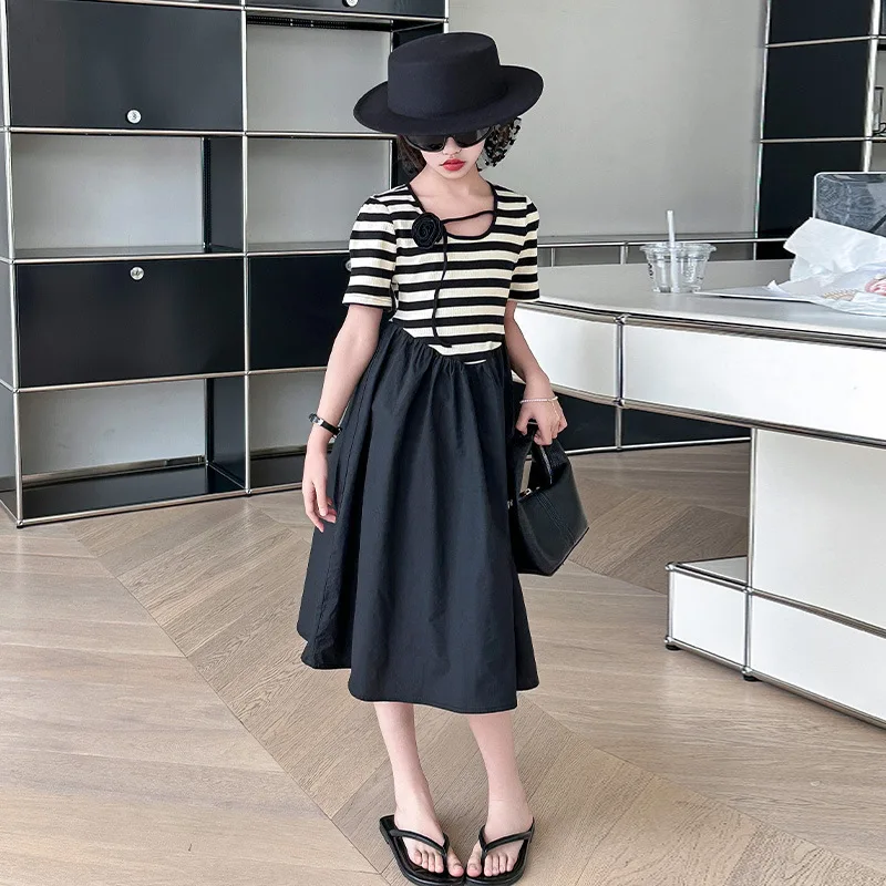 Girls' Summer Dress 2024 New Western Stripe French Style Hepburn Style Spliced Children's Long Dress