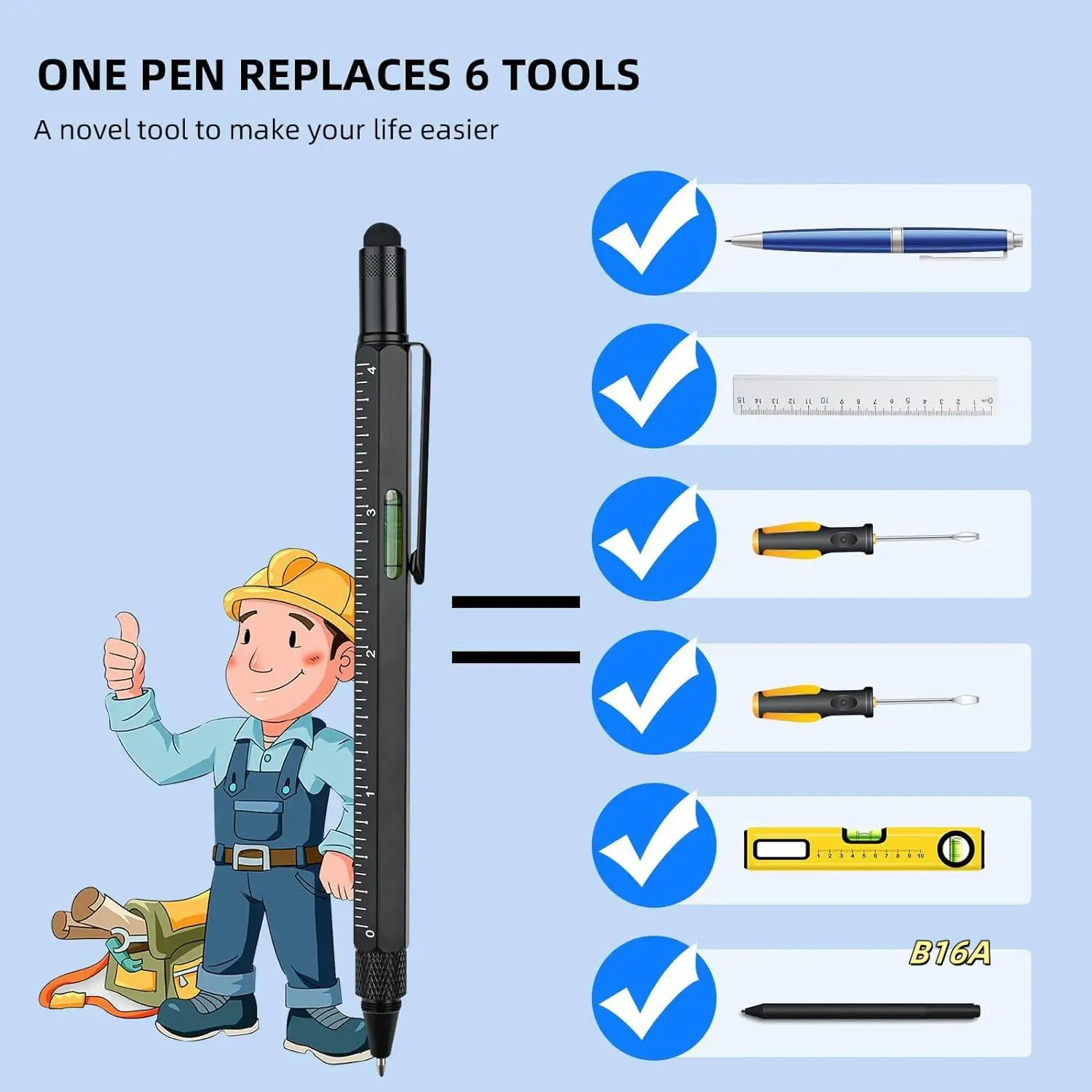 Stylo multi-outils Gadgets sympas, stylo nouveauté avec stylet, niveau, règles, tournevis, cadeaux d'anniversaire pour papa mari noir Durable