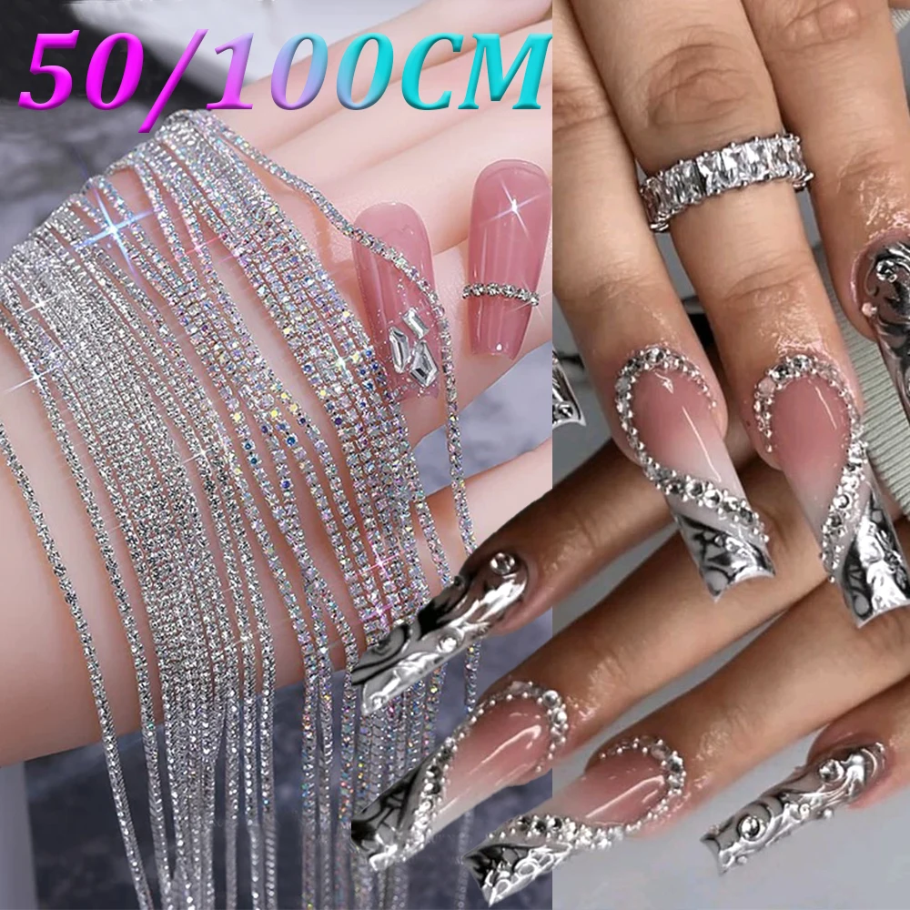 

100/50cm Luxury Crystal Flash Drill Claw Chain Nail Art Rhinestones 1.5/2mm Claer Diamond Chain Nail Charms Bling Manicure Decor