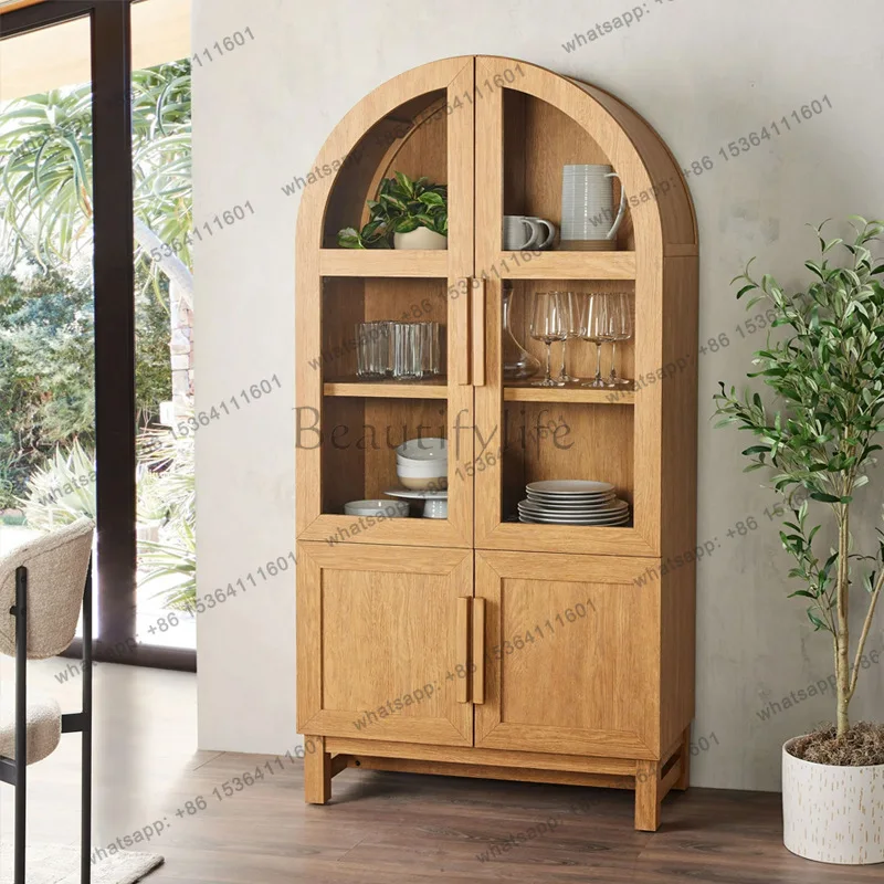 

French retro solid wood bookcase villa antique log color display storage arched wine cabinet