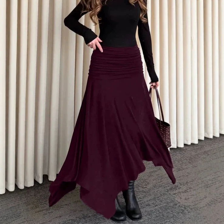 Low Rise Casual Folds Skirt Autumn Streetwear & Elegant Outfits Chic Women's Drawstring Long Skirt Split Hem Loose Midi Skirt