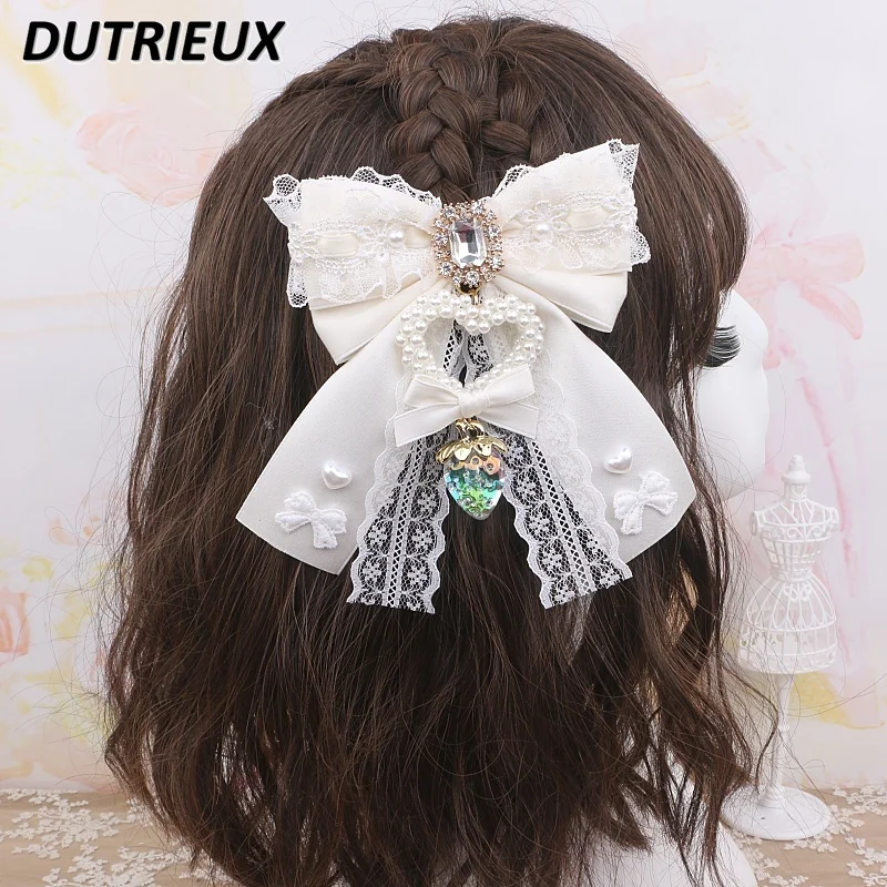 Original Handmade Japanese Mine Sweet Girls Headdress Barrettes Side Clip Big Bow Lace Strawberry Pendant Hair Accessories