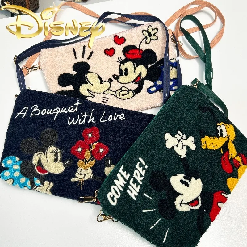 Disney Mickey and Minnie Mouse New Plush Wallet Cartoon Embroidered Plush Shoulder Bag Fashion Plush Women's Crossbody Bag