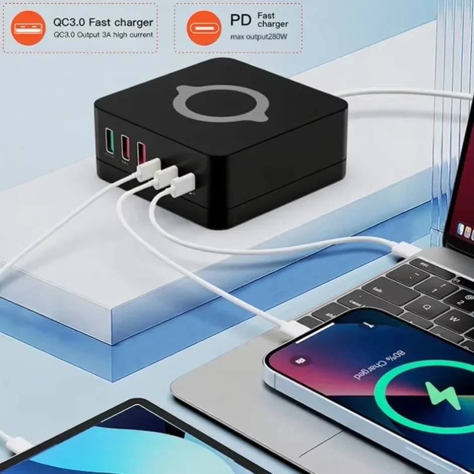 PD Fast Charger 6-Port GaN Desktop Charging Station 3 USB-C 3 USB-A QC3.0 15W Wireless Charging Pad 100-240V for Travel
