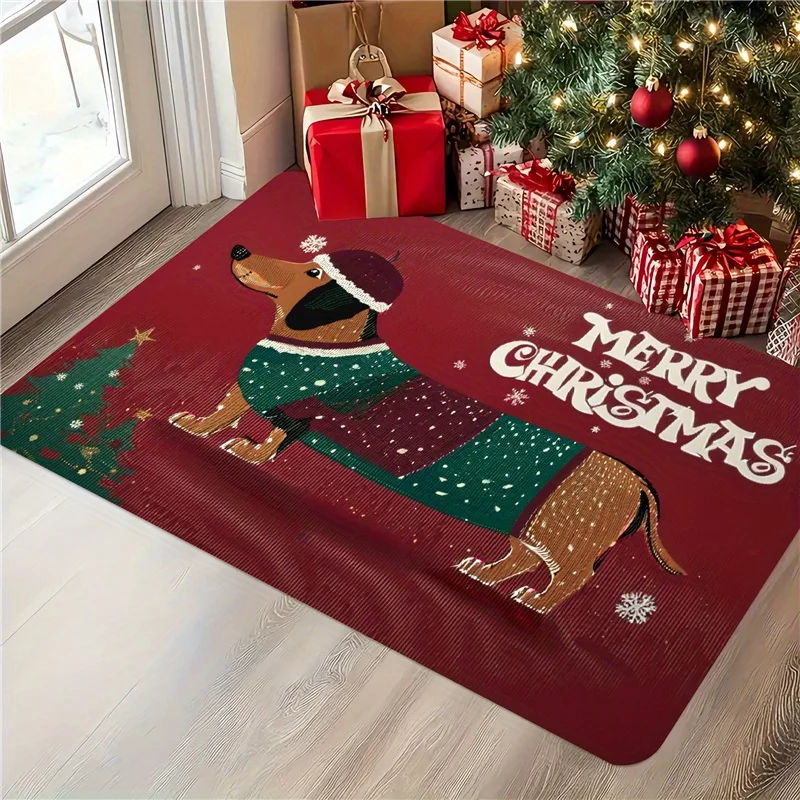 Christmas Dog Welcome Doormat, Festive Holiday Flannel Rug, Indoor Outdoor Comfortable Door Carpet for Home Decor