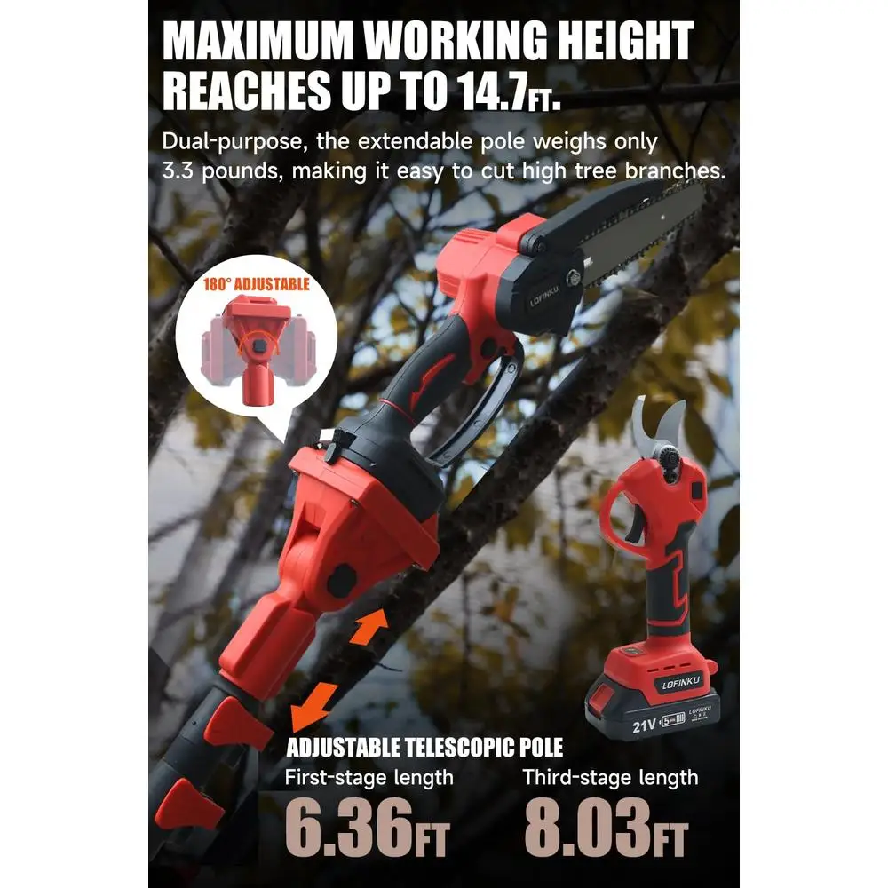 Electric Pruner Kit 3 in 1 Max 8 ft 2 Pcs Batteries 6 inches cordless chainsaw & electric pruning shears with Max 8 ft Extension