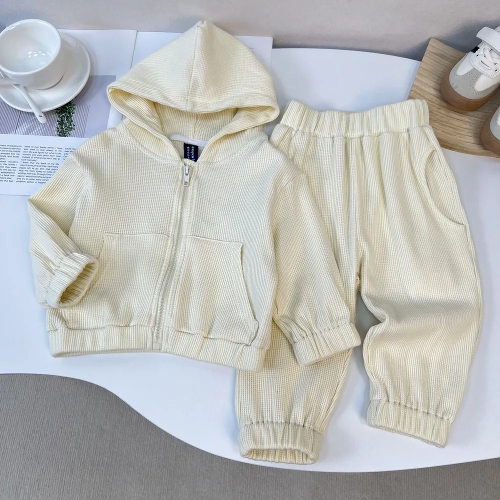 

Children's Waffle Suit Autumn and Winter New, Boys and Girls Fashion Casual Hooded Top Trousers Korean Version Two-piece Set