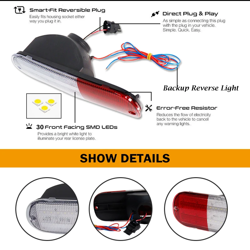 For Chrysler PT Cruiser Rear Bumper Reflector Lights Red Tail Light/Brake &Rear Fog Light as Reverse Light