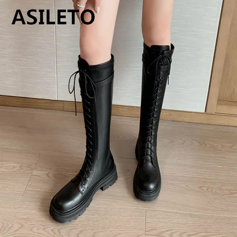 

ASILETO Cow Leather Women Knee High Stretch Boots Round Toe Block Heel 5cm Platform Zipper Lace Up Belt Buckle Fashion Booties