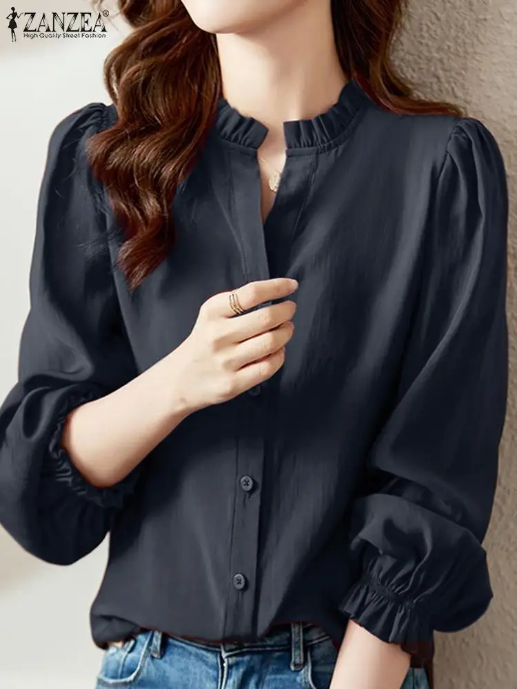 ZANZEA Autumn Vintage Solid Blouse Woman Long Sleeve V-Neck Shirt Female Casual Ruffles Tunic Tops Elegant Button Blusas 2023