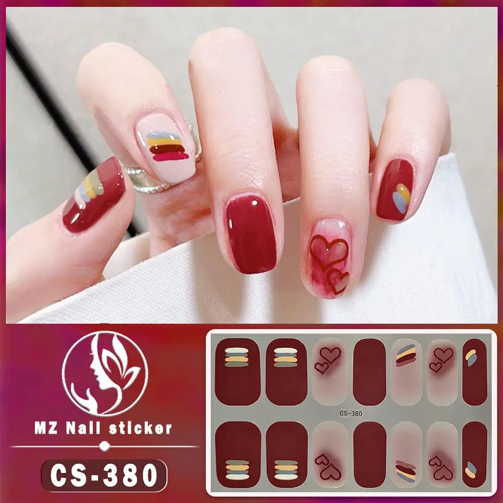 14Pcs Waterproof Nail Sticker Long Lasting Nail Paste Full Cover LED Lamp Gel Cured Slider Decals UV Stickers