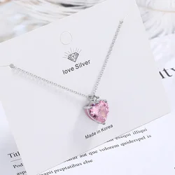 S925 Sterling Silver Simple And Fashionable Diamond Heart-Shaped Pink Pendant Clavicle Chain Necklace (40cm +5.0cm)