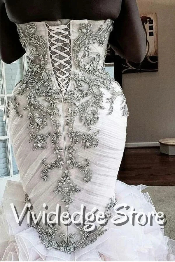 Customized Luxury Babydoll Fishtail Wedding Dress Corset Lace Appliqué Rhinestone Decoration Puffy Tail Bridal Gowns