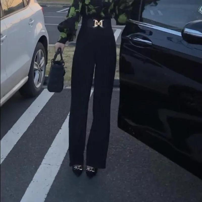 Spring and Autumn Women's Solid Colors High Waist Loose Wide Leg Pants Fashion Button Commuter Korean All-match Trousers