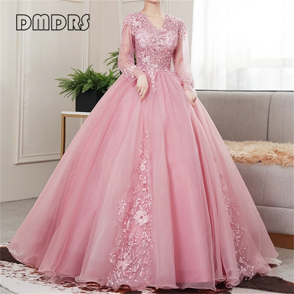 Romantisches rosa formelles Tüllkleid für Damen mit floralen Spitzenapplikationen, Ballkleid, süßes 15-16-Kleid, Party-Abschlussballkleid