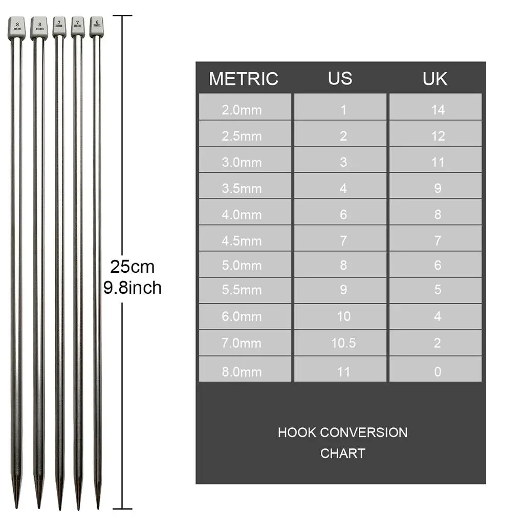 Single Pointed Knitting Set Stainless Steel Hollow Metal Knit Pins 25cm Length for Beginner Weaving Sweater DIY