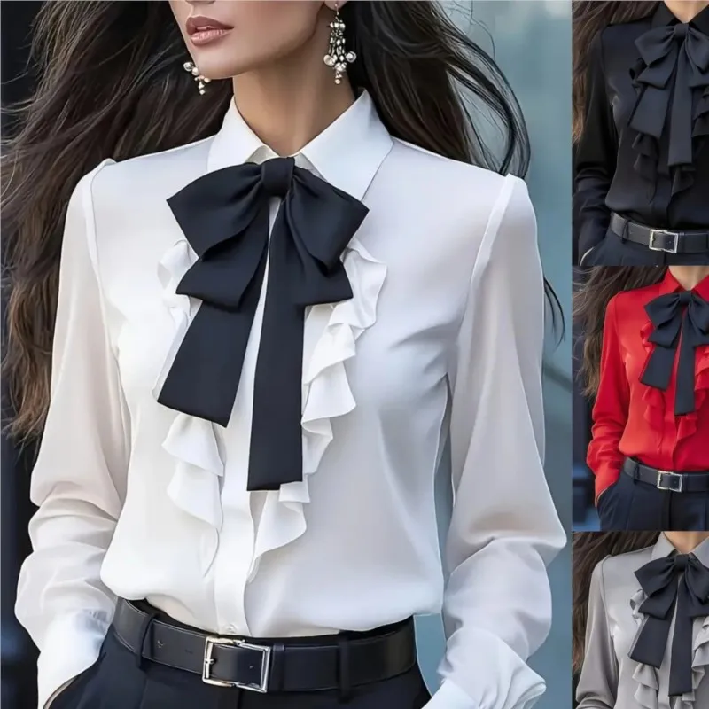 

Элегантная женская рубашка для поездок на работу, весна-осень 2021, однотонная блузка, однобортный бант с рюшами по краям, офисная женская одежда